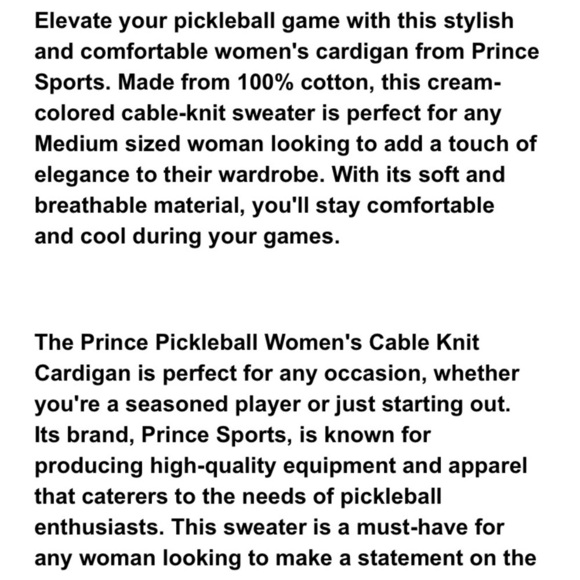 Prince Pickleball Women's Cable Knit
Cardigan new - Picture 8 of 8